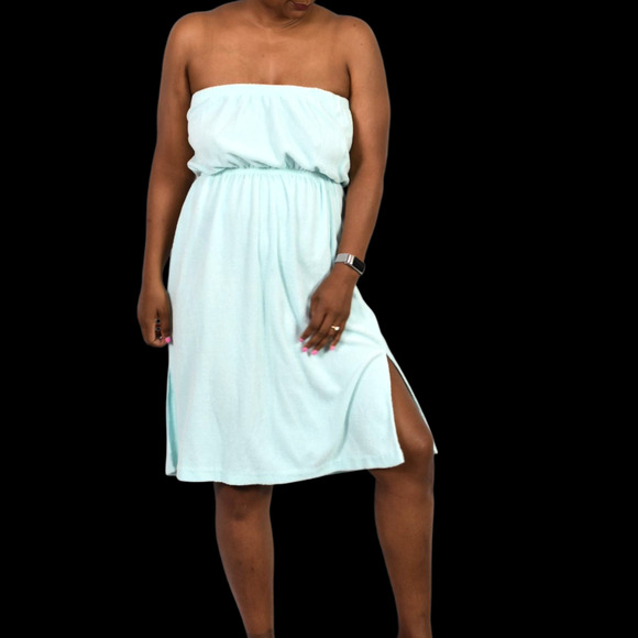 Vintage Terry Towel Dress Blue Swim Coverup Strapless Tube Slits Cotton Medium - Picture 13 of 13